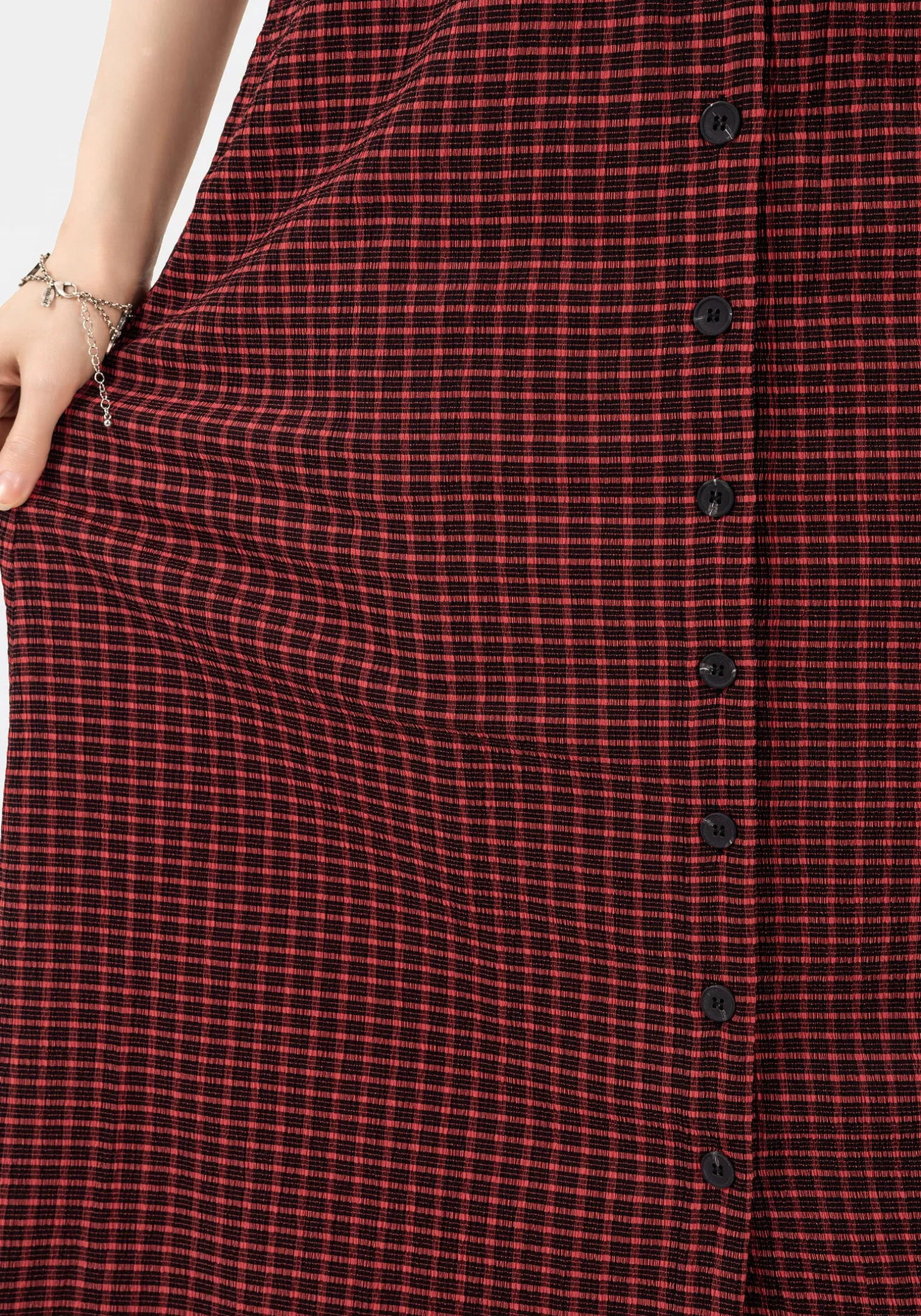 Carmine Textured Check Button Up Midaxi Skirt