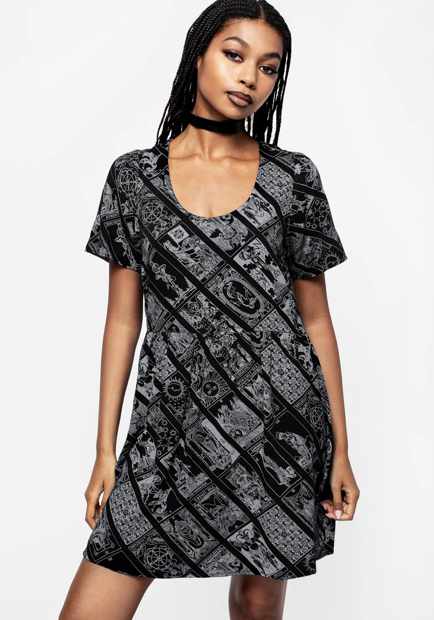 Cartomancy Scoop Neck Mini Smock Dress
