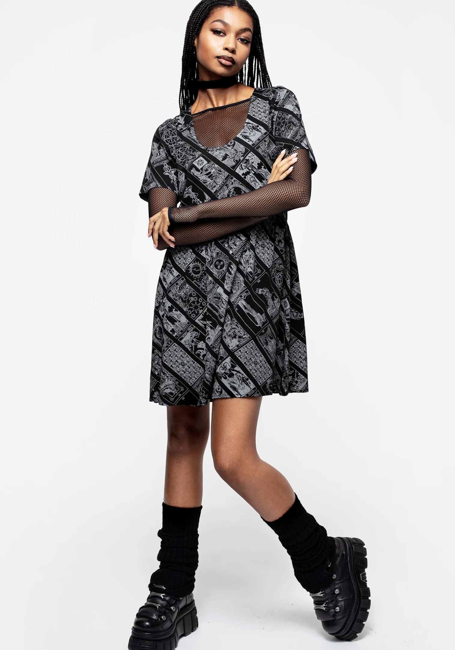 Cartomancy Scoop Neck Mini Smock Dress