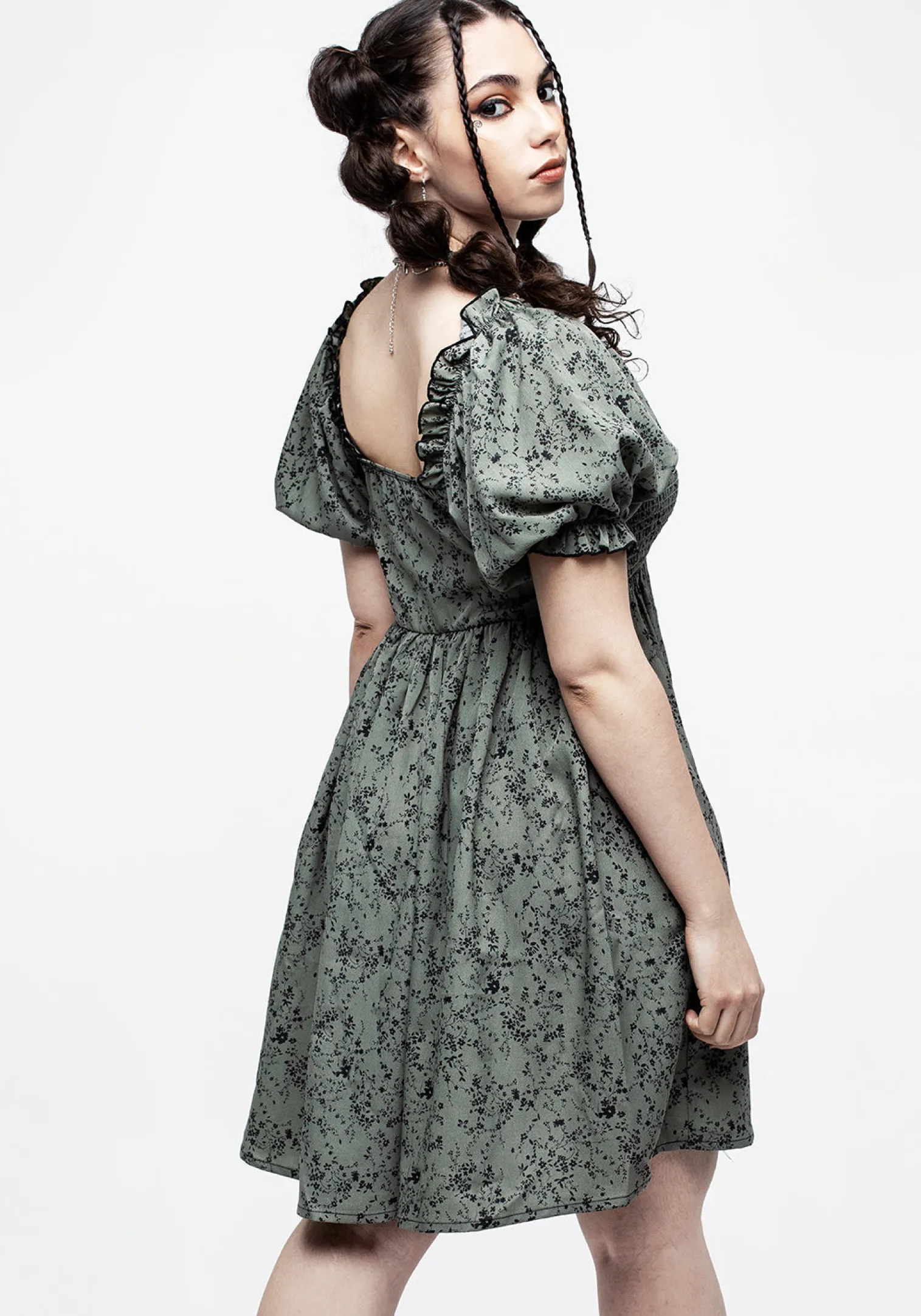 Cassie Green Floral Mini Babydoll Dress