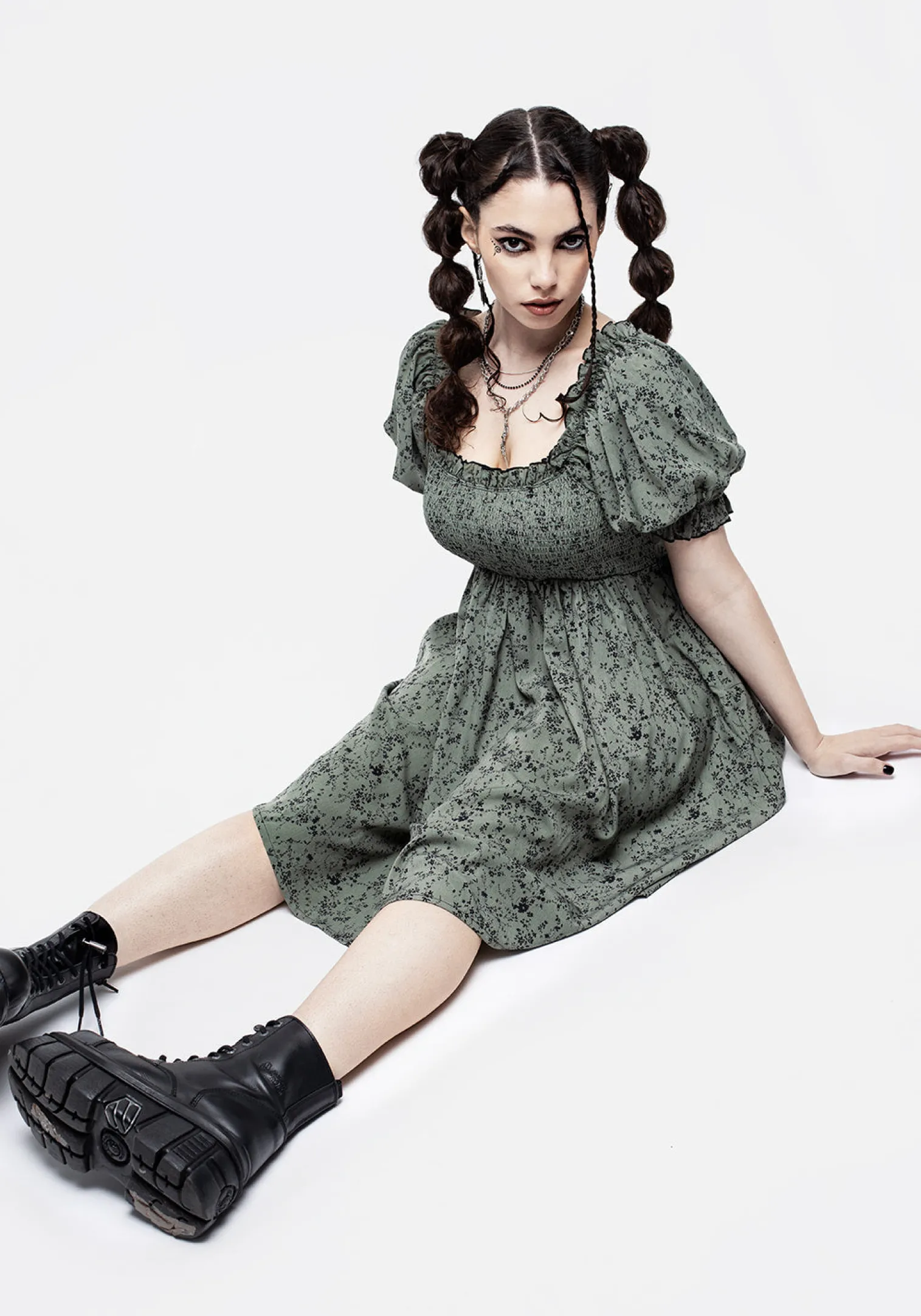 Cassie Green Floral Mini Babydoll Dress