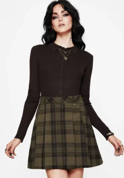 Cecily Check Pleated Mini Skirt With Frog Charm