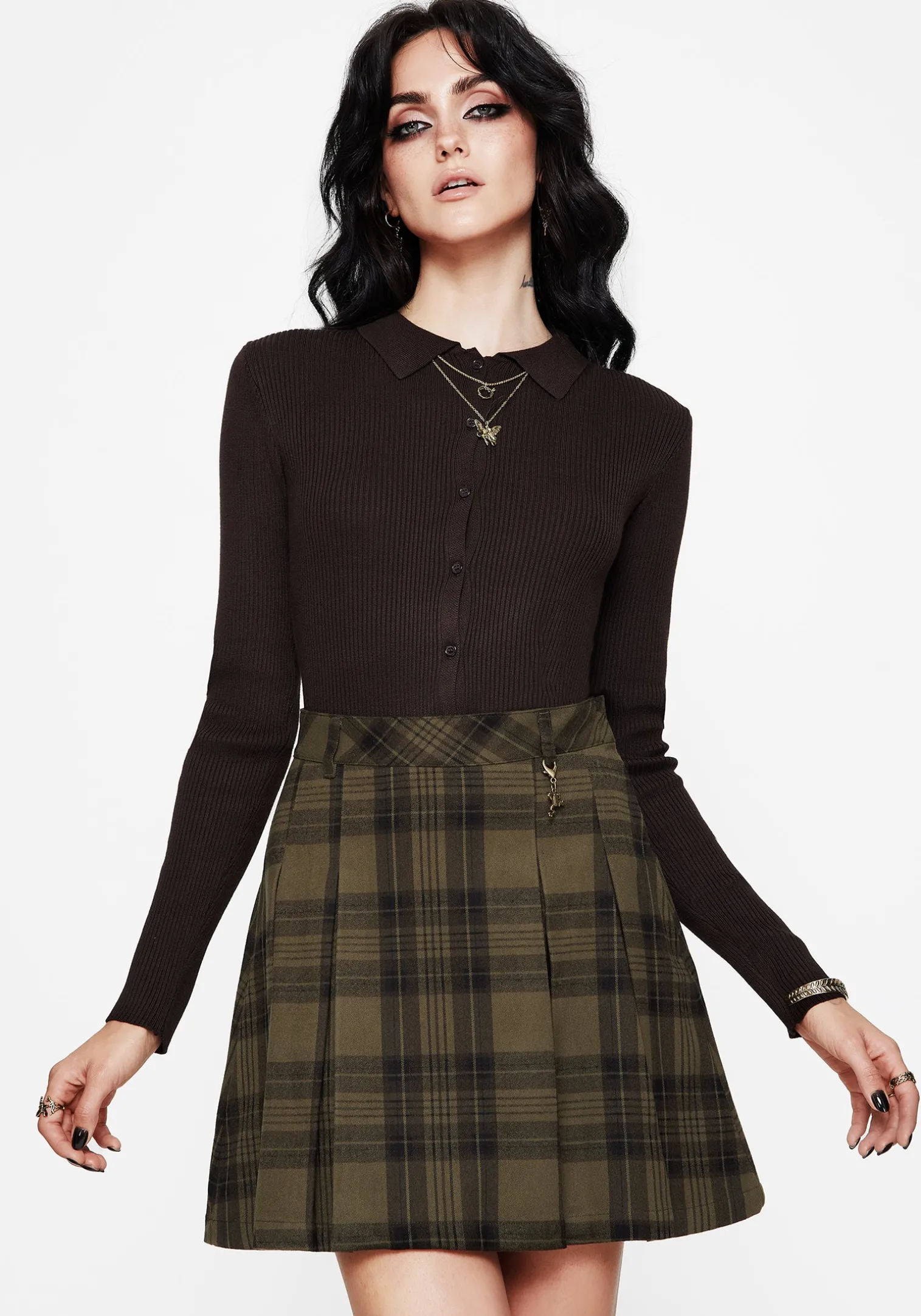 Cecily Check Pleated Mini Skirt With Frog Charm