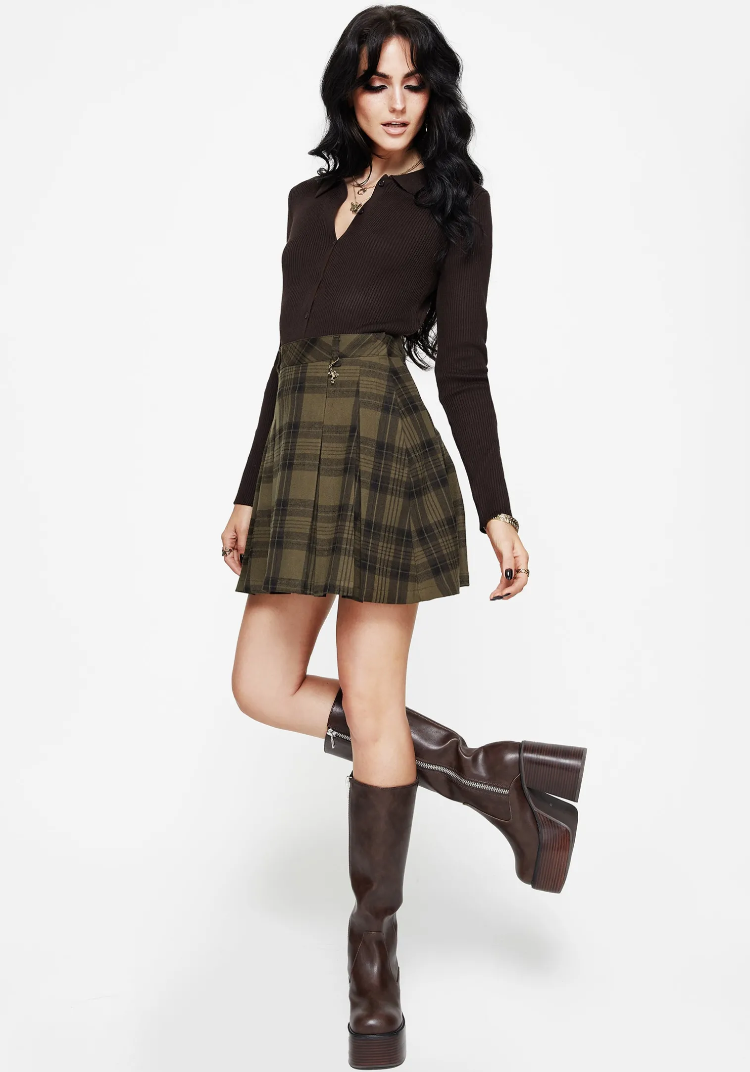 Cecily Check Pleated Mini Skirt With Frog Charm