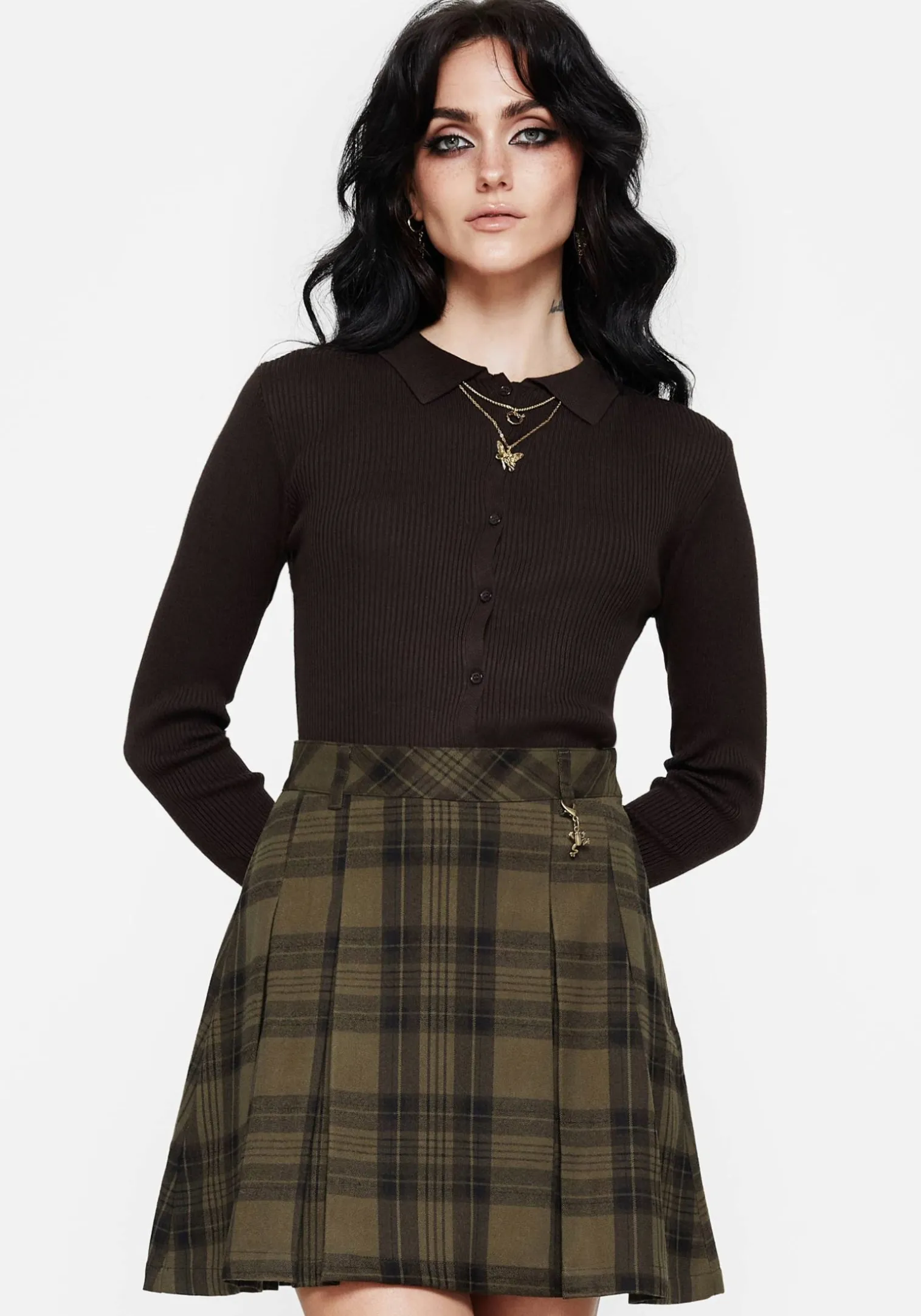 Cecily Check Pleated Mini Skirt With Frog Charm