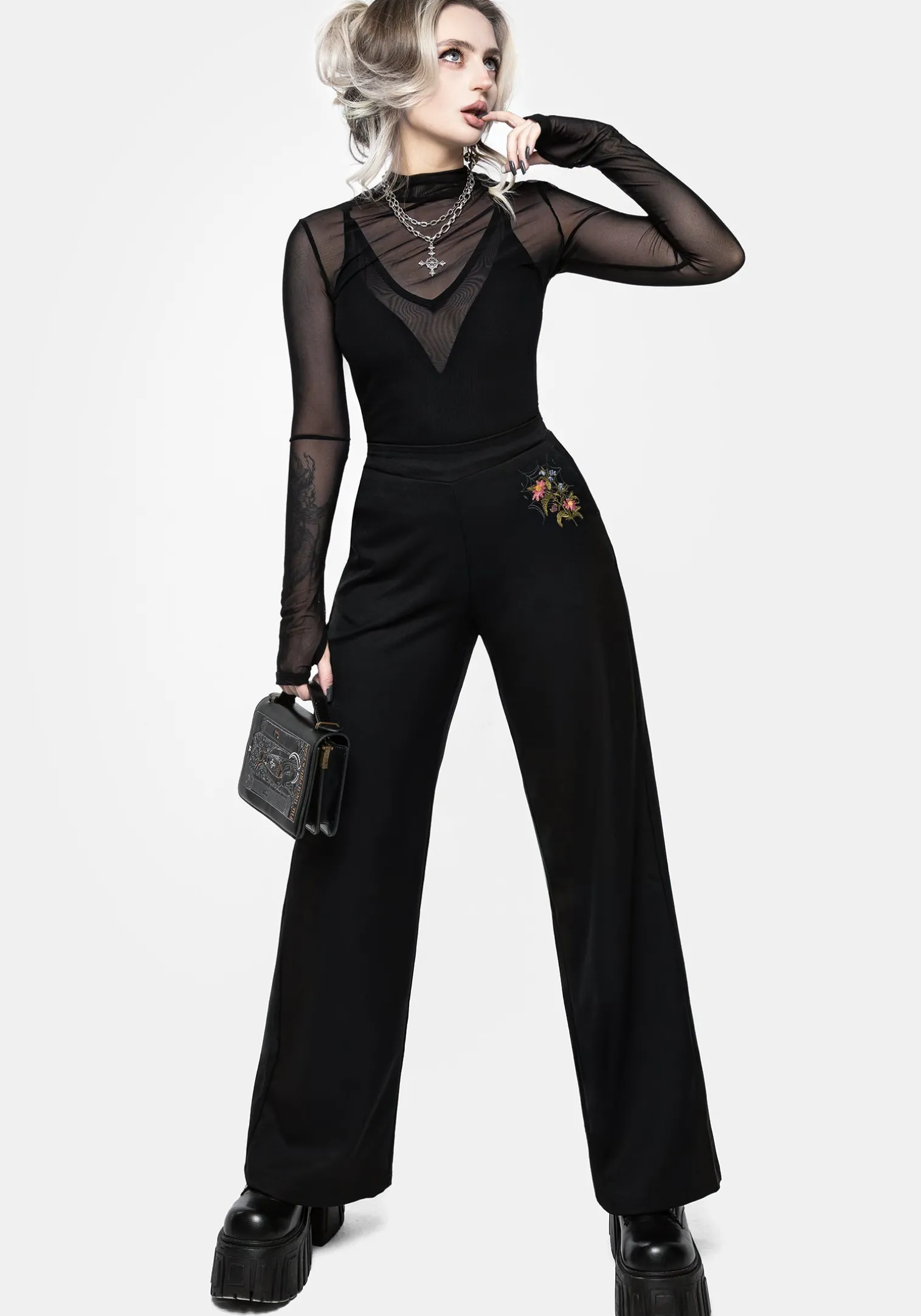 Cleome Floral Spiderweb Embroidered Trousers