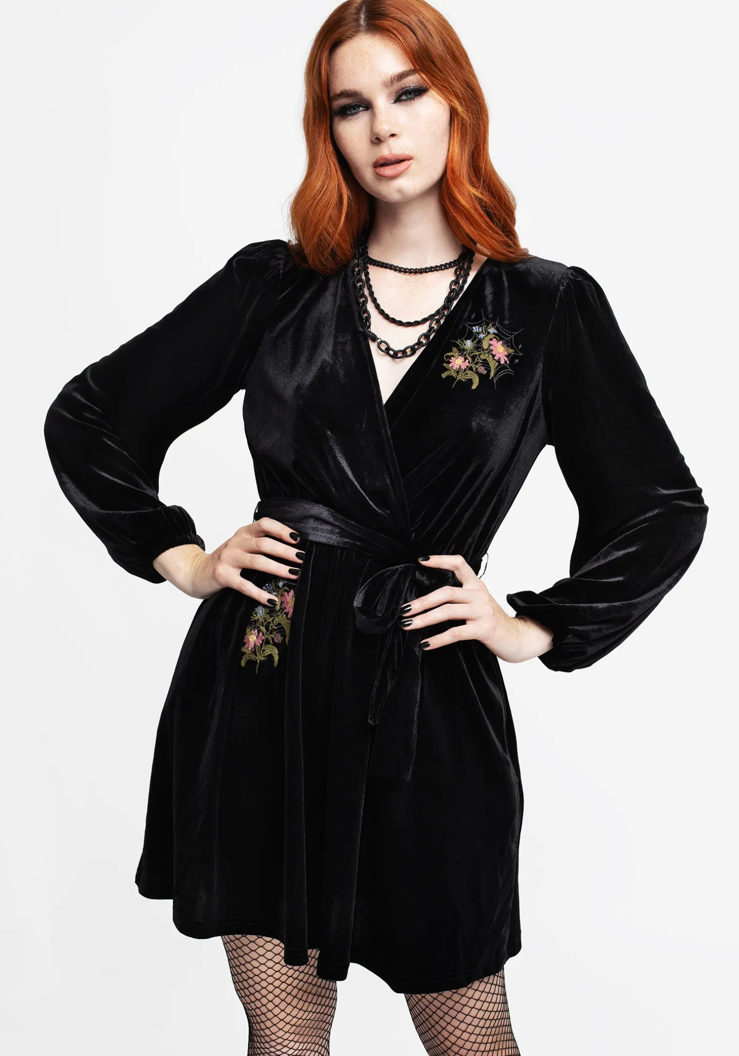 Cleome Floral Spiderweb Embroidered Velour Faux Wrap Mini Dress