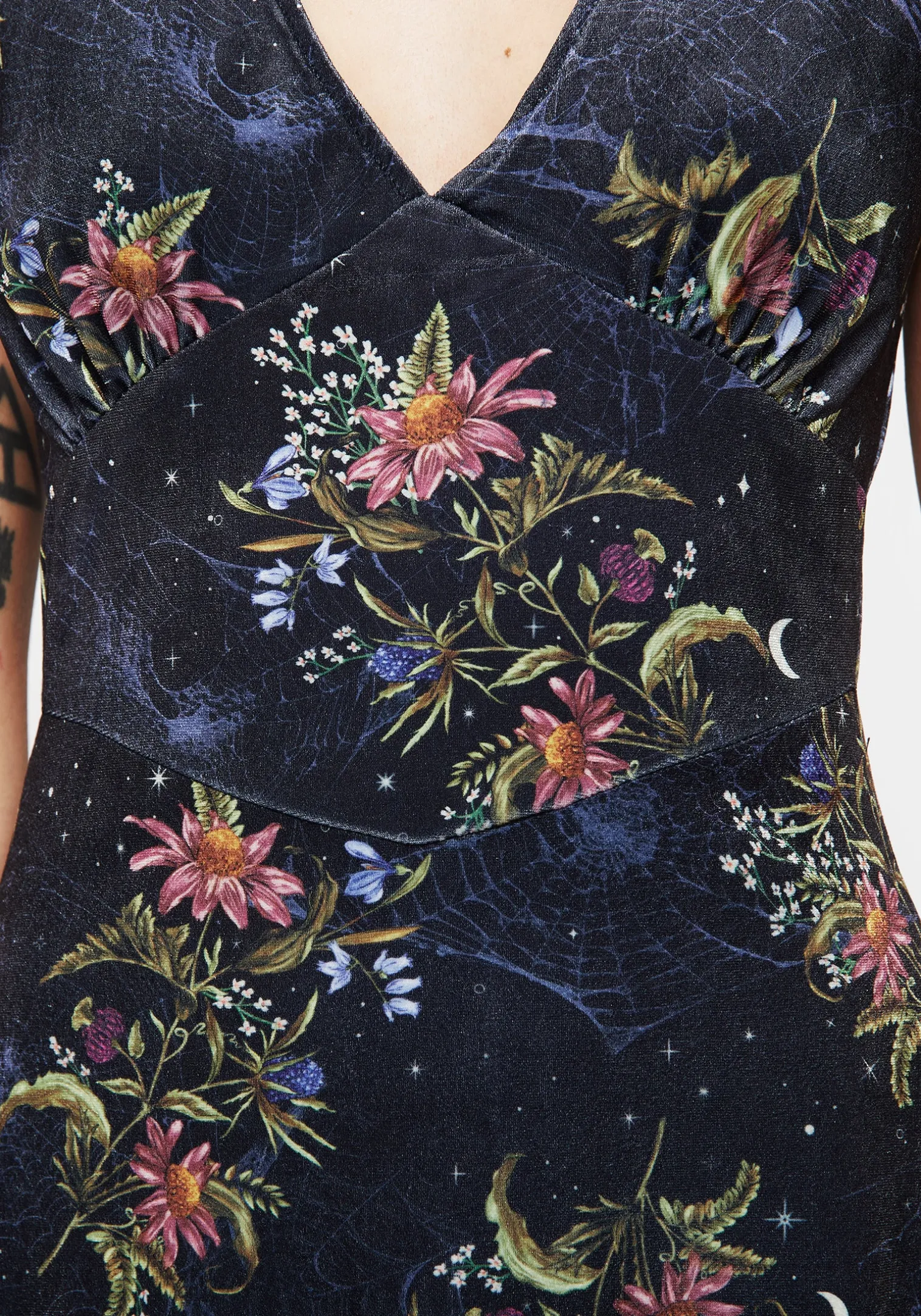 Cleome Floral Spiderweb Velour Corset Midi Dress