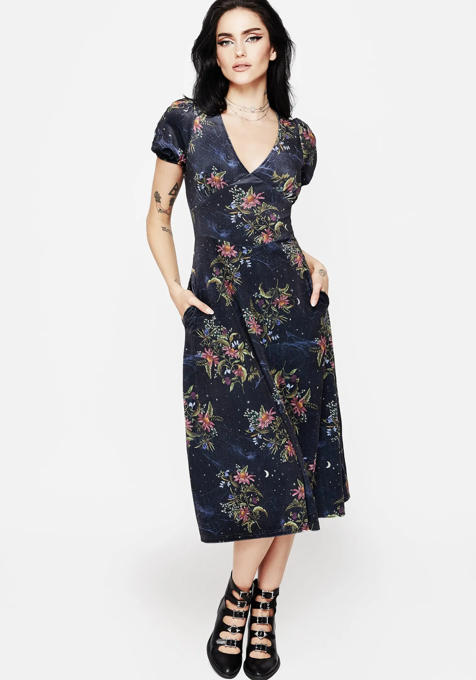 Cleome Floral Spiderweb Velour Corset Midi Dress