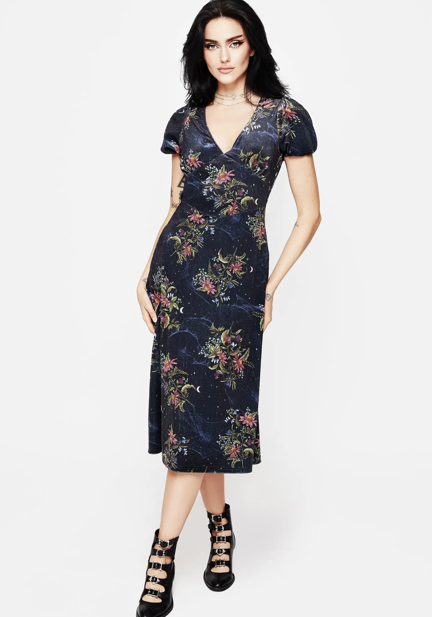 Cleome Floral Spiderweb Velour Corset Midi Dress
