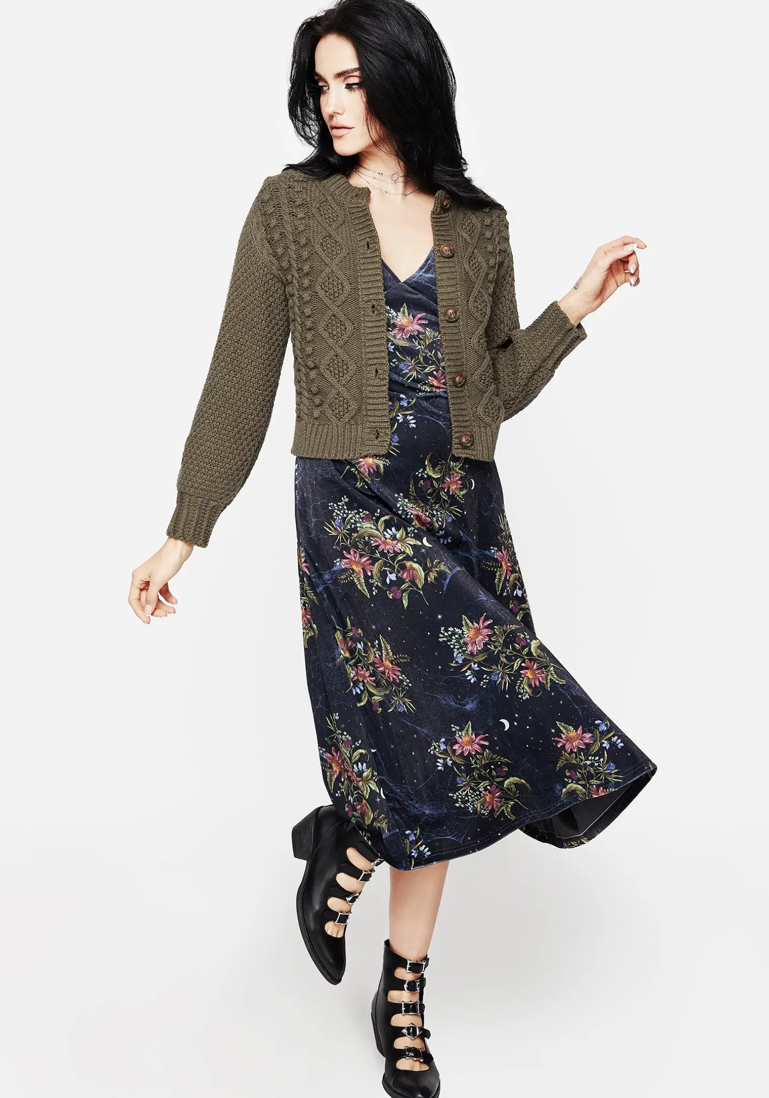Cleome Floral Spiderweb Velour Corset Midi Dress
