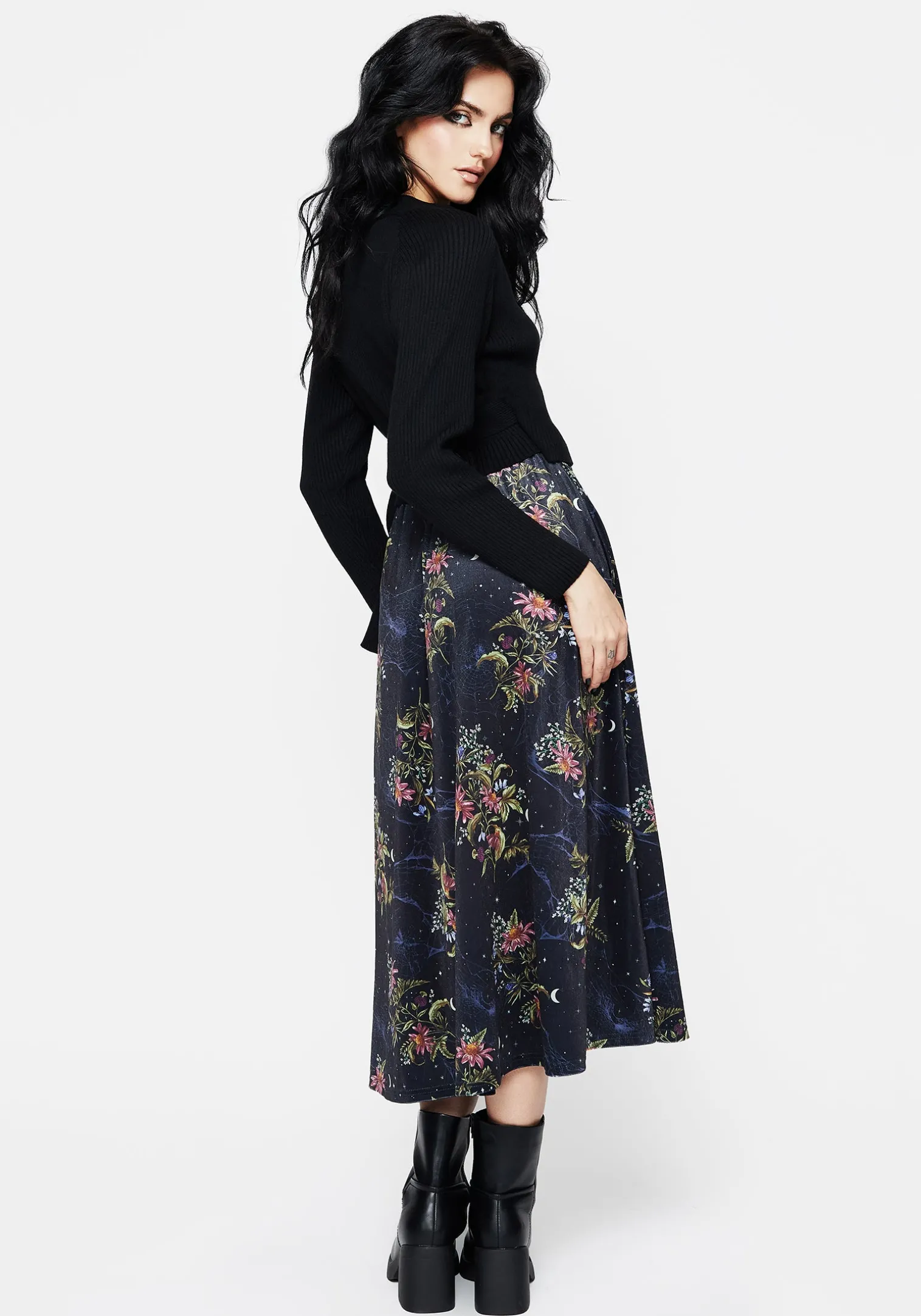 Cleome Floral Spiderweb Velour Midi Skirt