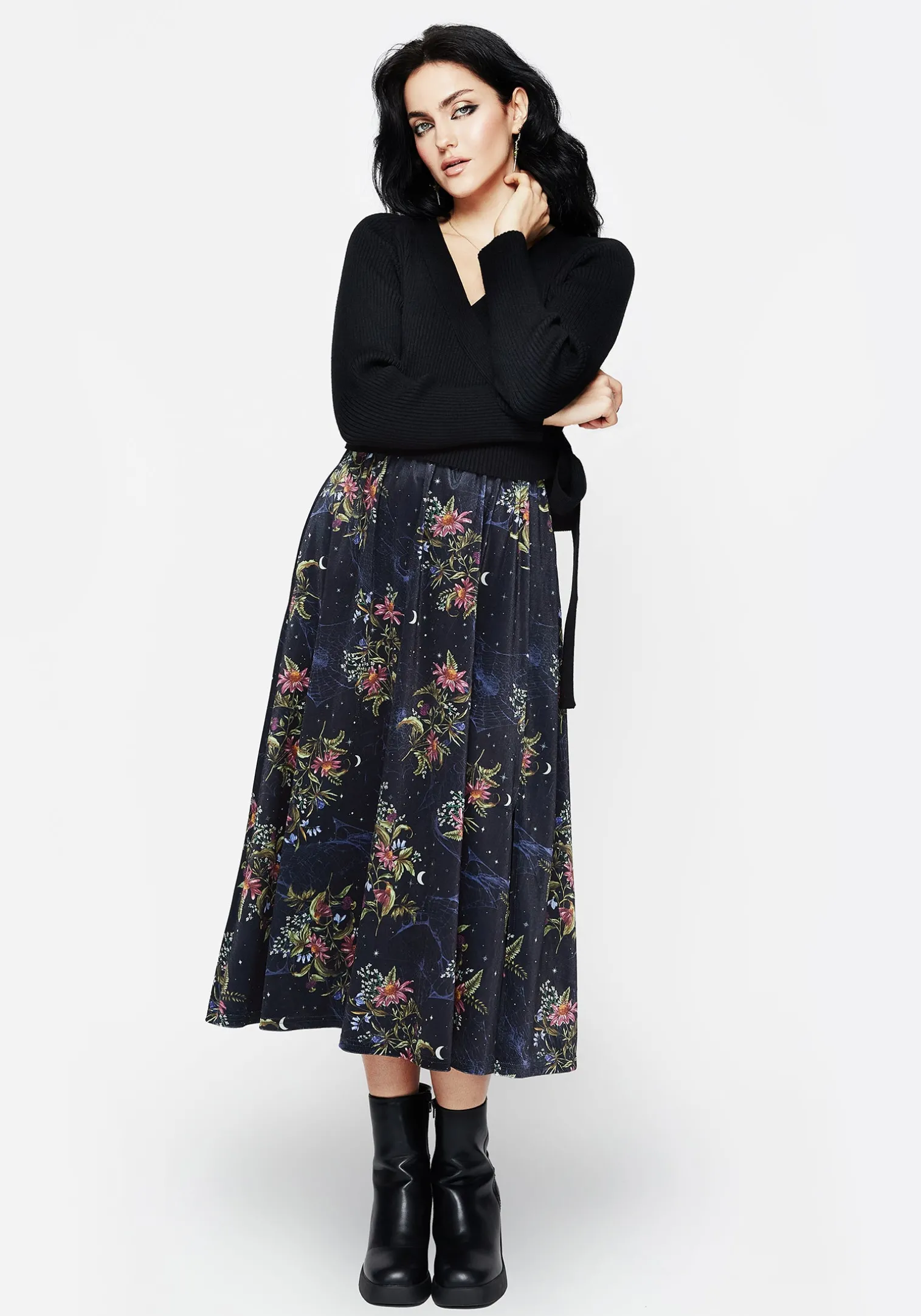 Cleome Floral Spiderweb Velour Midi Skirt