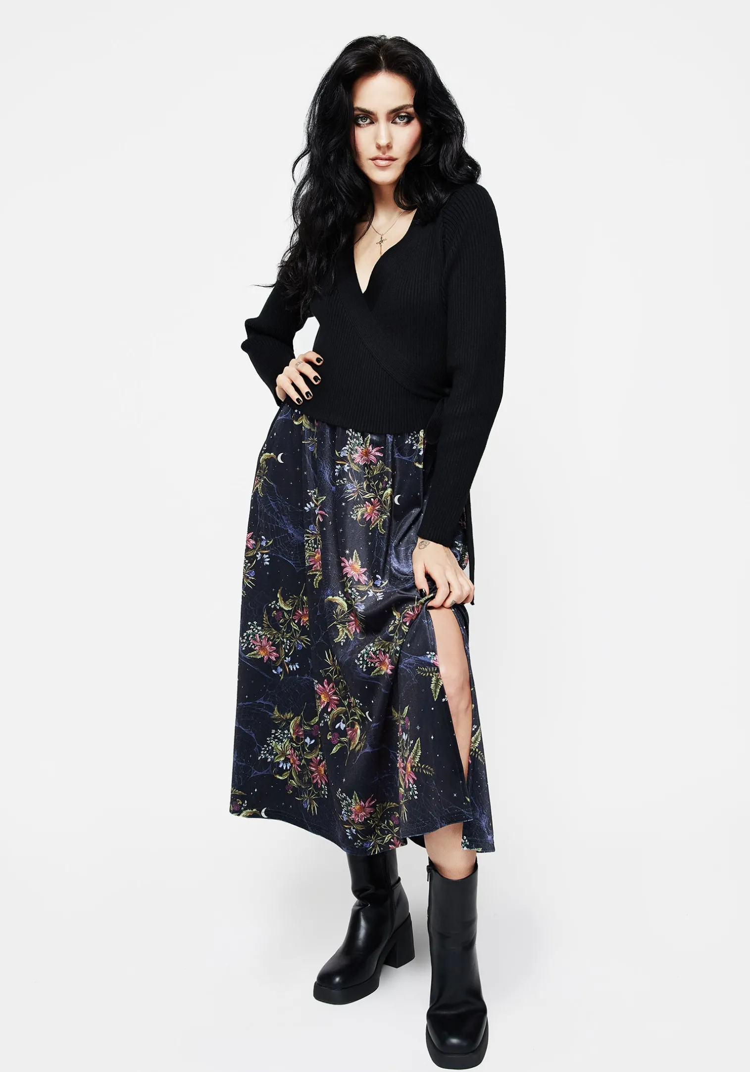 Cleome Floral Spiderweb Velour Midi Skirt