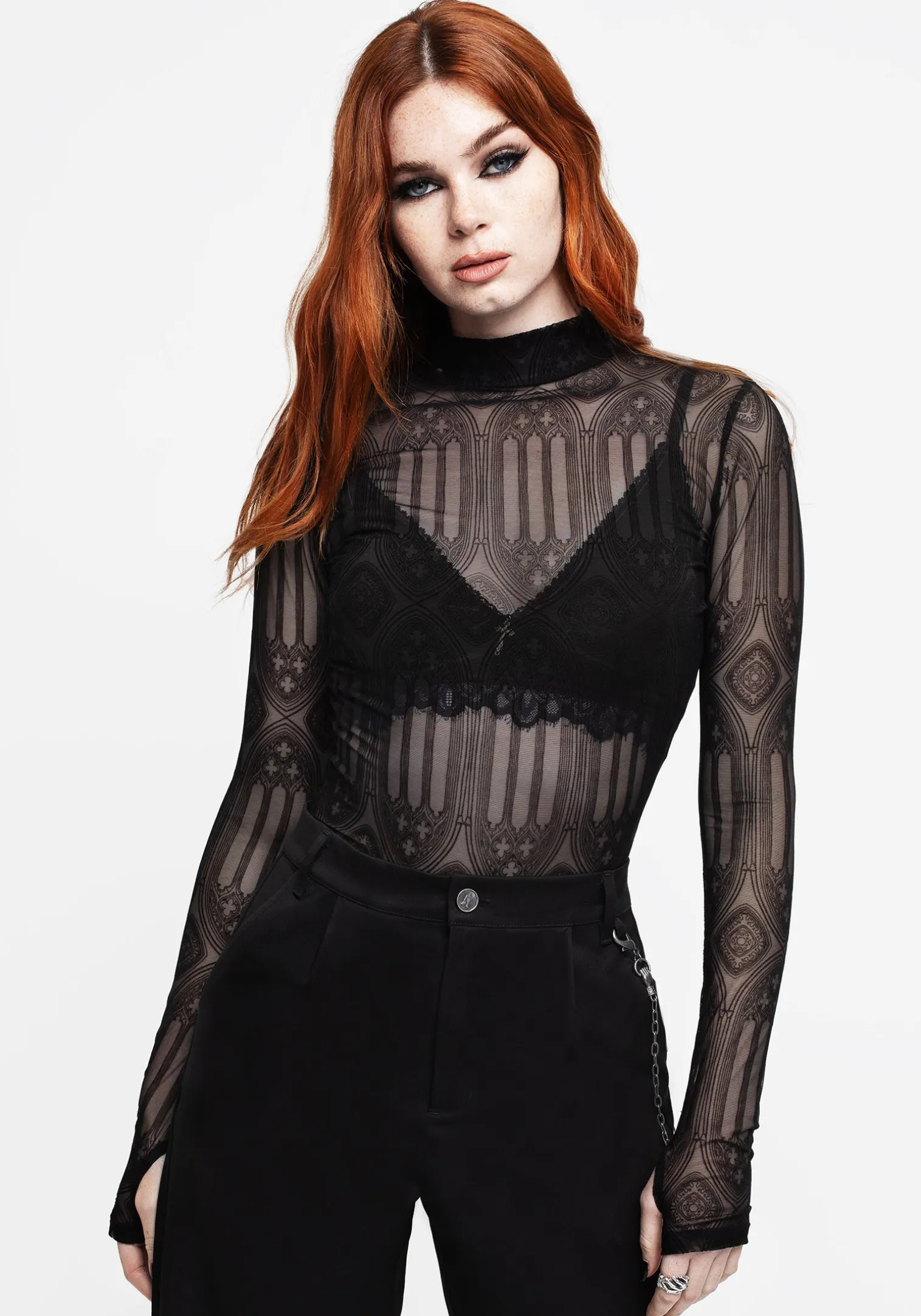 Cloister Flocked Mesh High Neck Long Sleeve Top