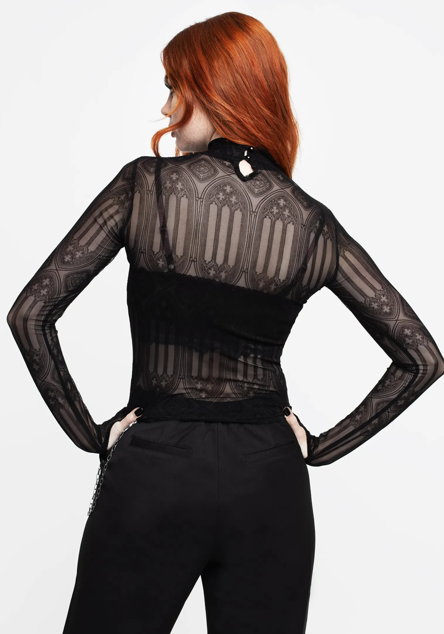 Cloister Flocked Mesh High Neck Long Sleeve Top