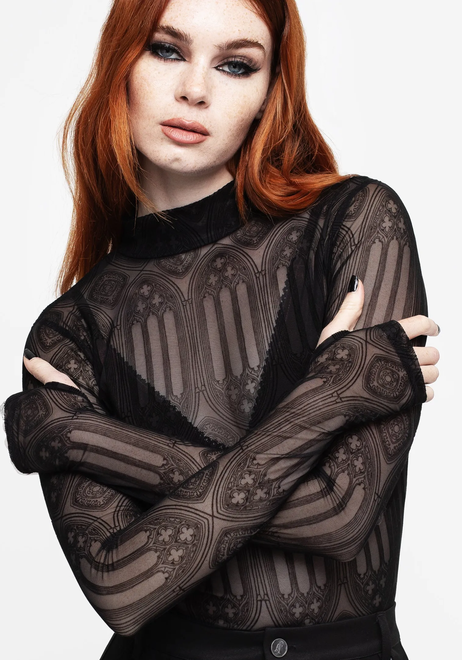 Cloister Flocked Mesh High Neck Long Sleeve Top