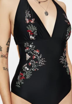 Copia Floral Embroidered Halter Swimsuit