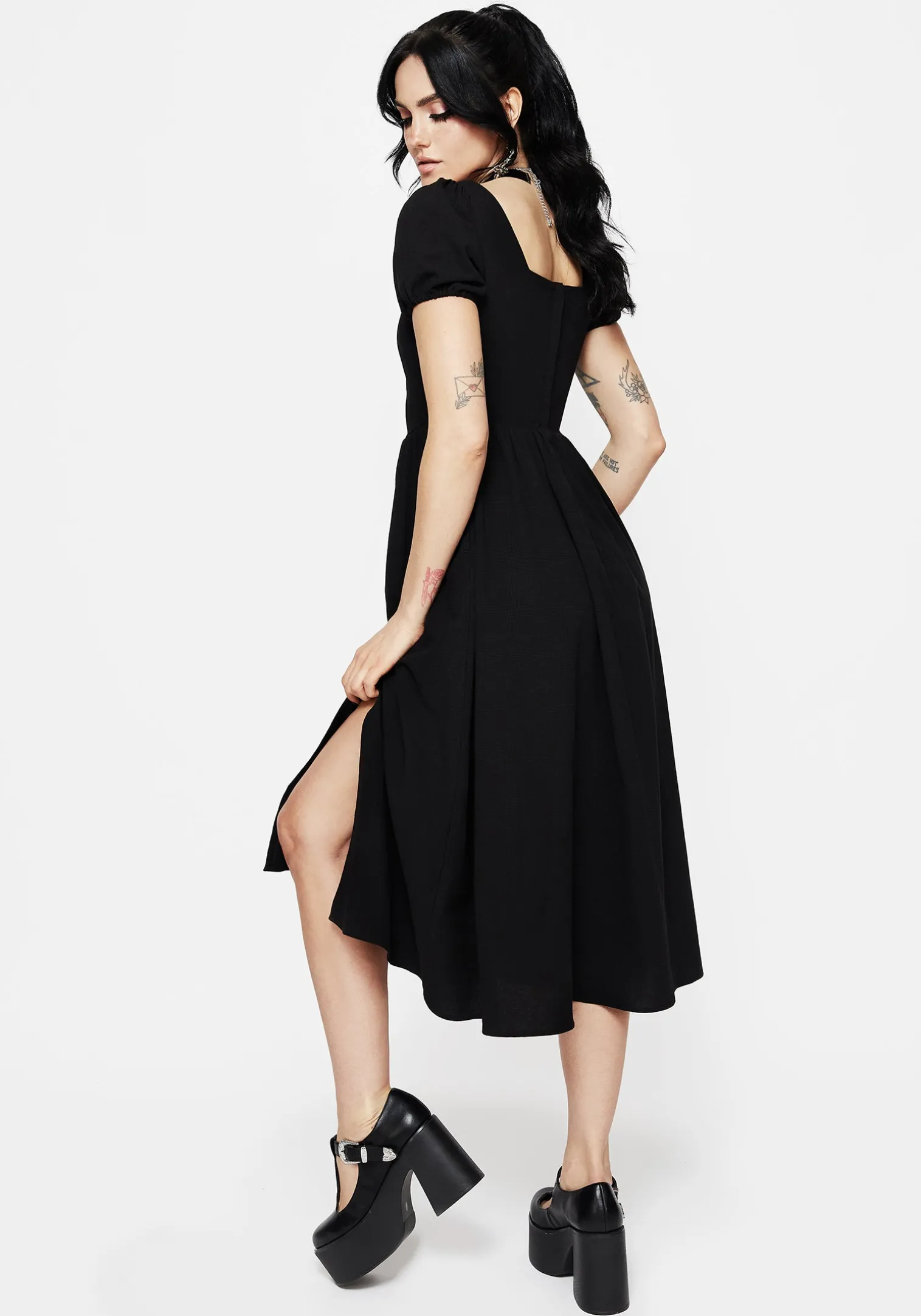 Copia Moth Embroidered Cotton Puff Sleeve Split Skirt Midi Dress