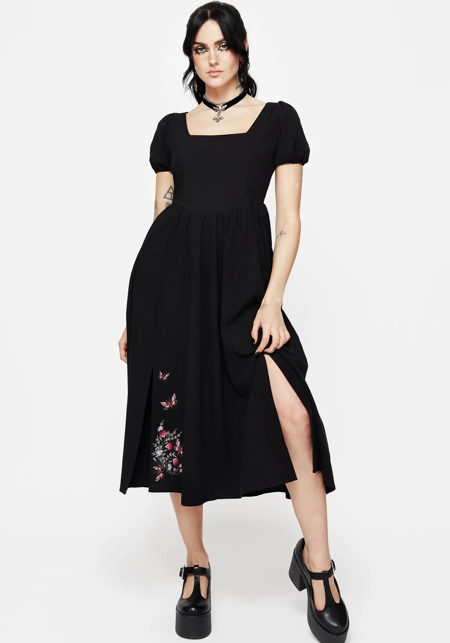 Copia Moth Embroidered Cotton Puff Sleeve Split Skirt Midi Dress