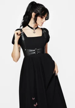 Copia Moth Embroidered Cotton Puff Sleeve Split Skirt Midi Dress