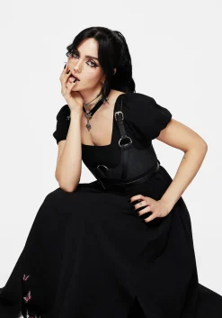Copia Moth Embroidered Cotton Puff Sleeve Split Skirt Midi Dress