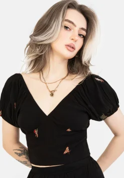 Copia Moth Embroidered Cotton Puff Sleeve Top