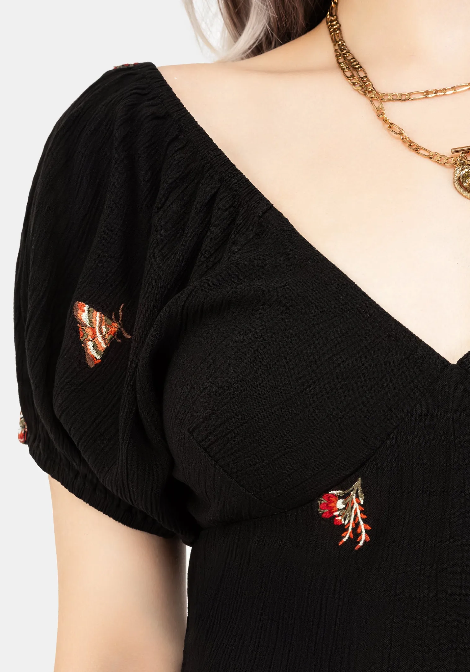 Copia Moth Embroidered Cotton Puff Sleeve Top