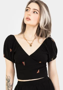 Copia Moth Embroidered Cotton Puff Sleeve Top