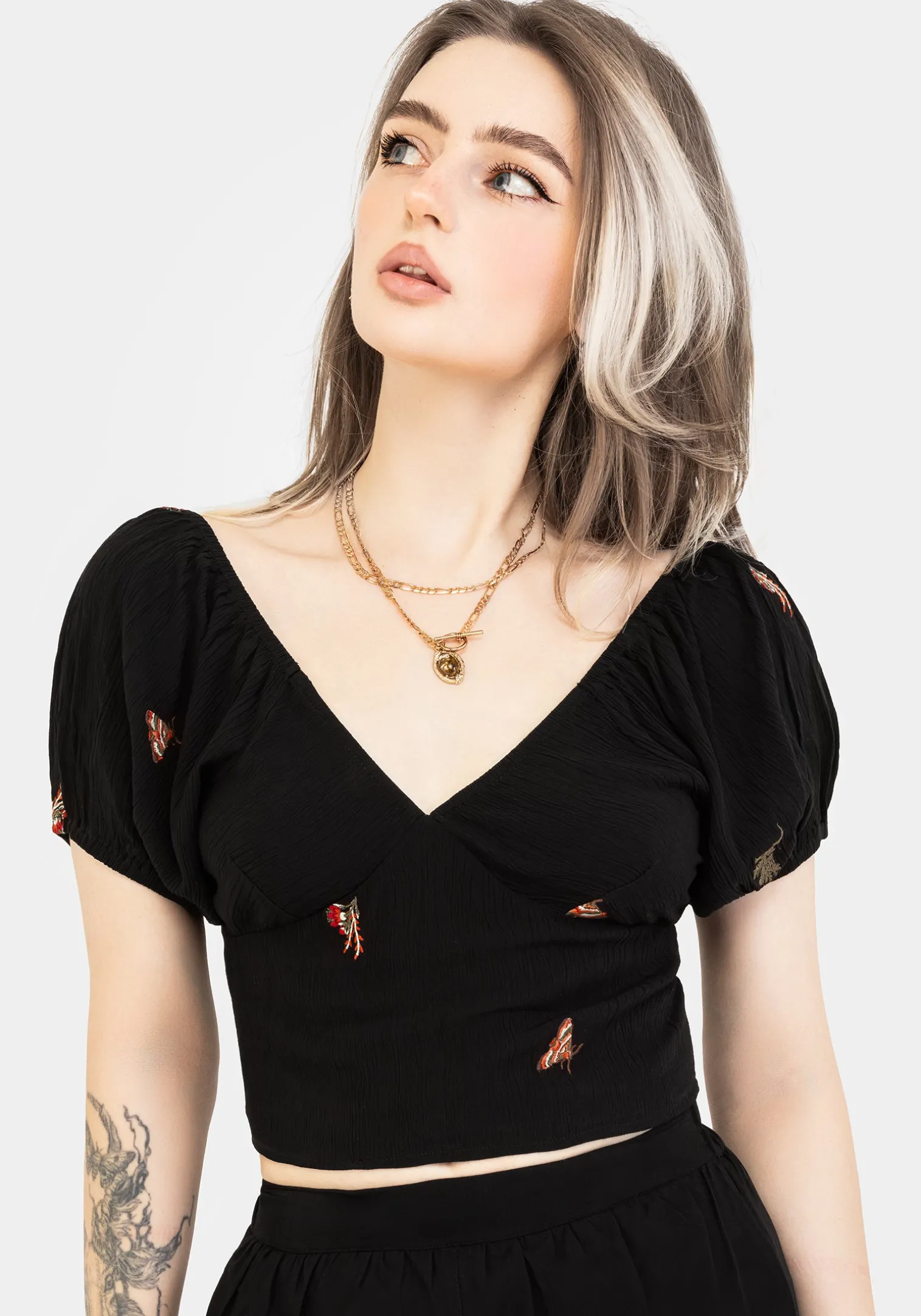 Copia Moth Embroidered Cotton Puff Sleeve Top