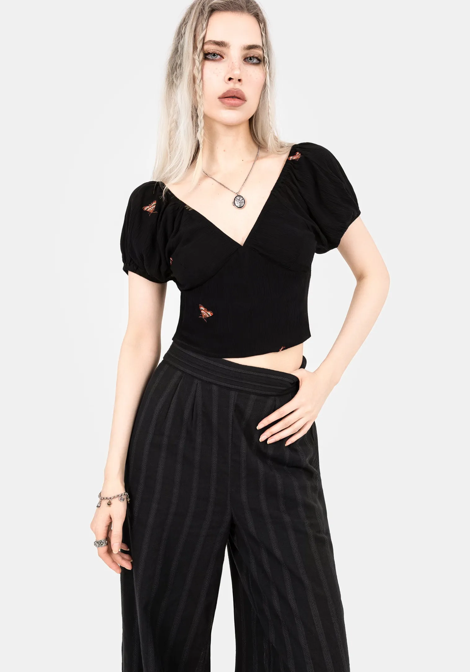 Copia Moth Embroidered Cotton Puff Sleeve Top