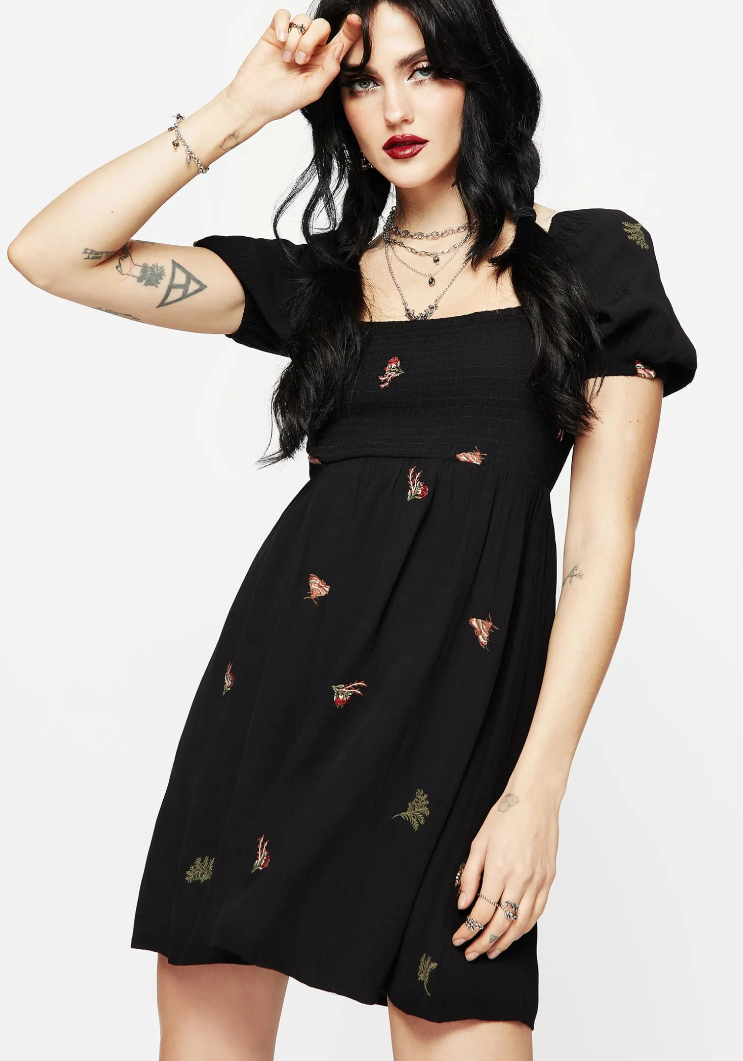 Copia Moth Embroidered Puff Sleeve Mini Dress