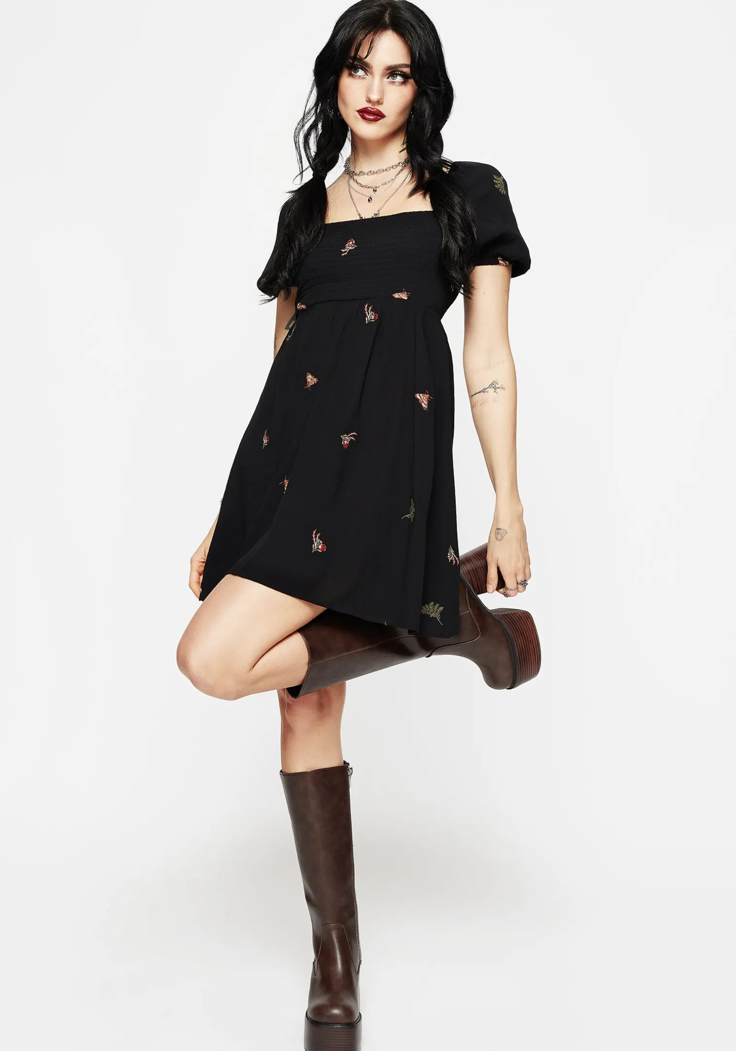 Copia Moth Embroidered Puff Sleeve Mini Dress