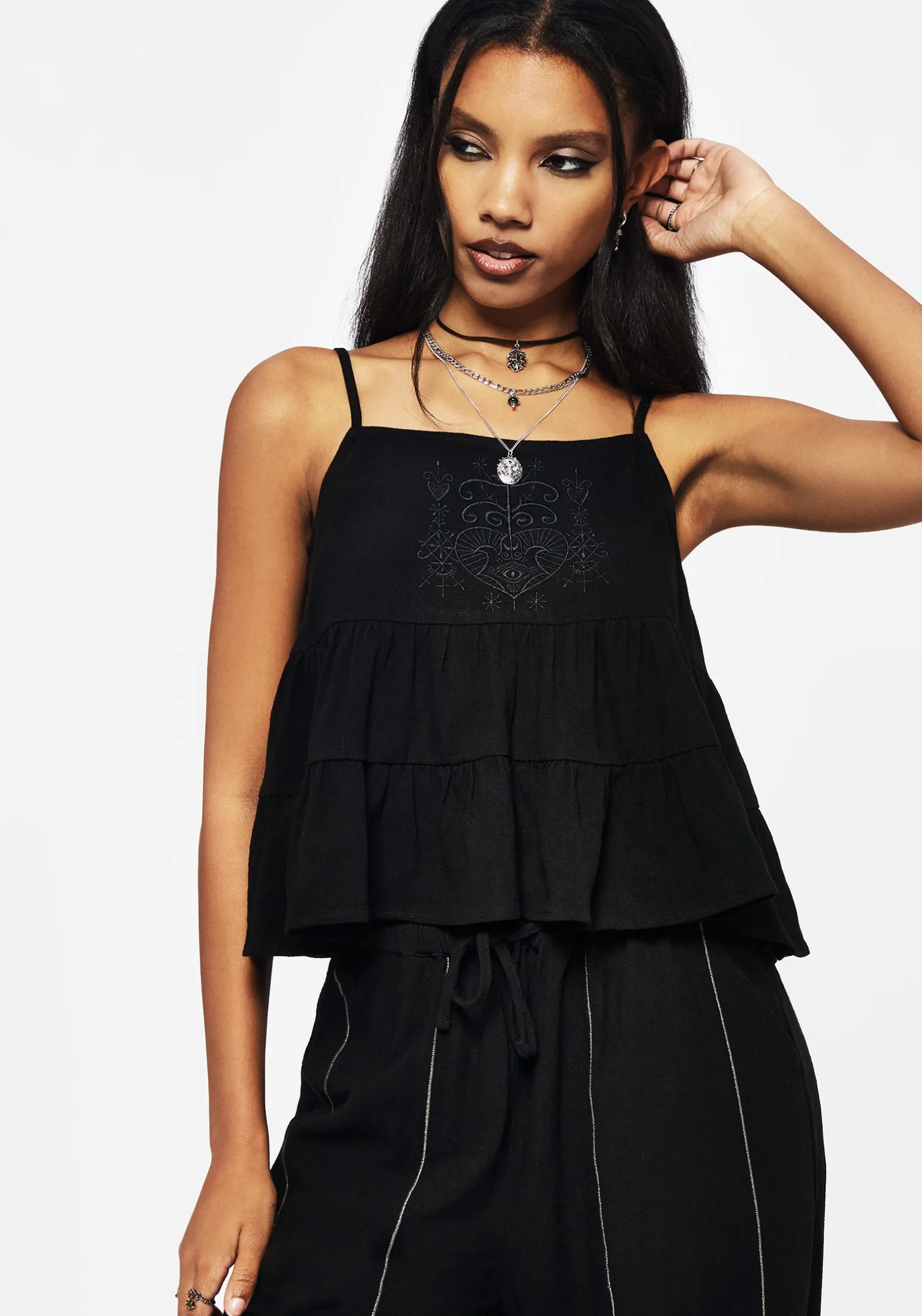 Cordata Linen-Blend Embroidered Tiered Cami Top - Black