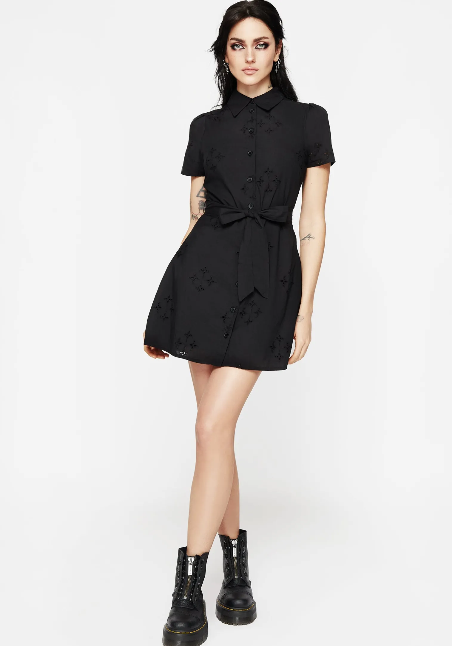 Crux Broderie Cotton Belted Mini Shirt Dress