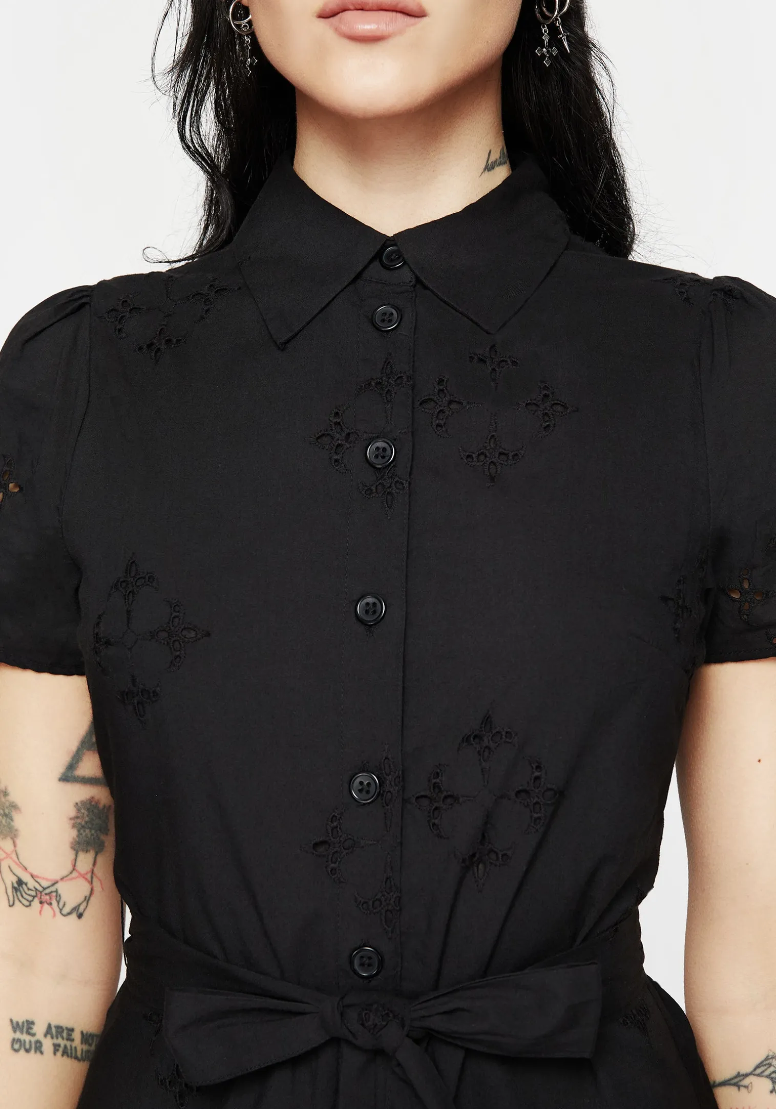 Crux Broderie Cotton Belted Mini Shirt Dress