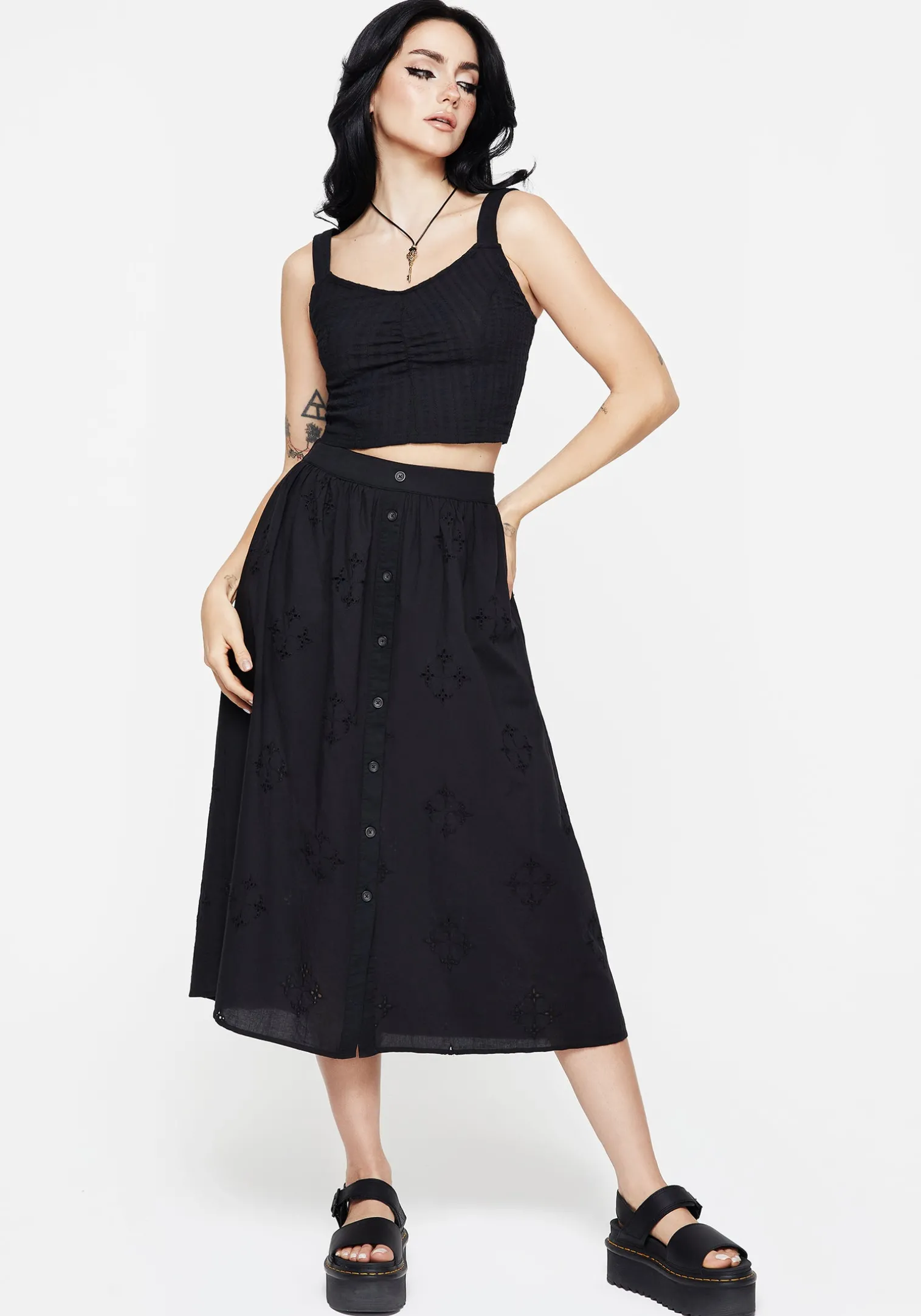 Crux Broderie Cotton Button Up Midi Skirt
