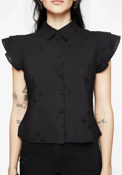 Crux Broderie Cotton Frill Sleeve Button Up Shirt