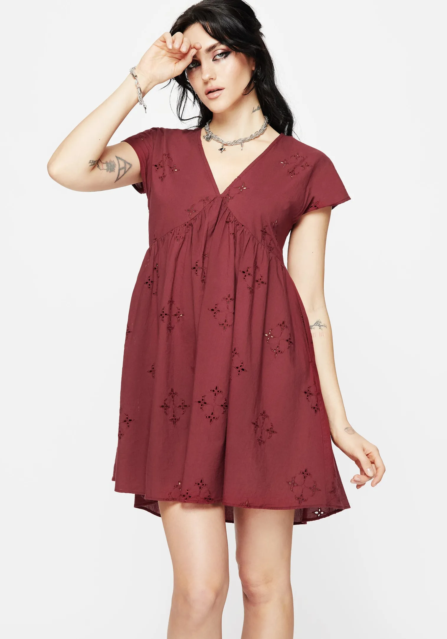 Crux Broderie Cotton Smock Mini Dress - Red