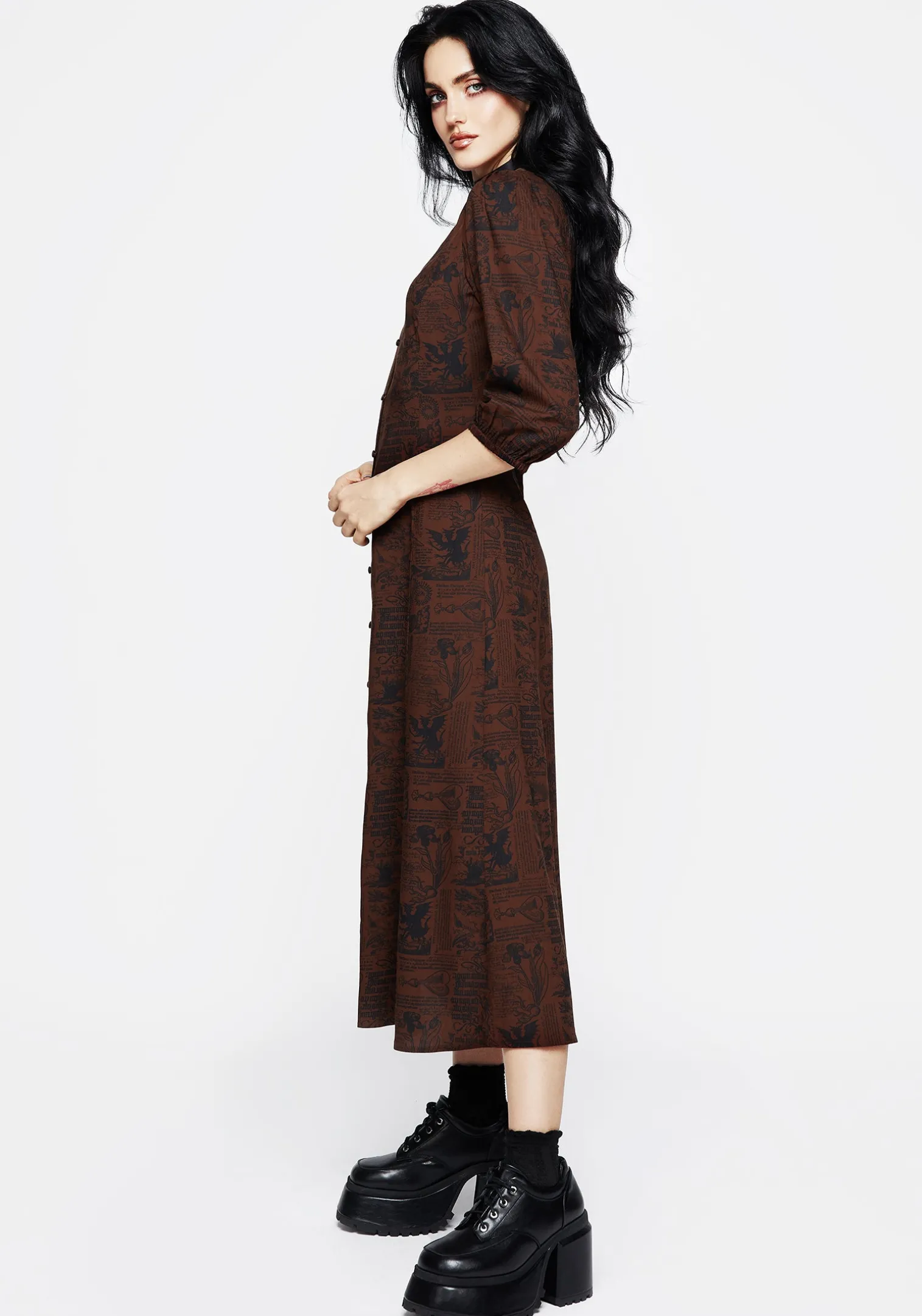 Daemonologie Woodcut Print Button Up Midaxi Dress