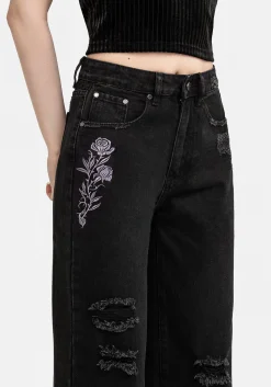 Deadhead Rose Embroidered Distressed Denim Barrel Leg Jeans