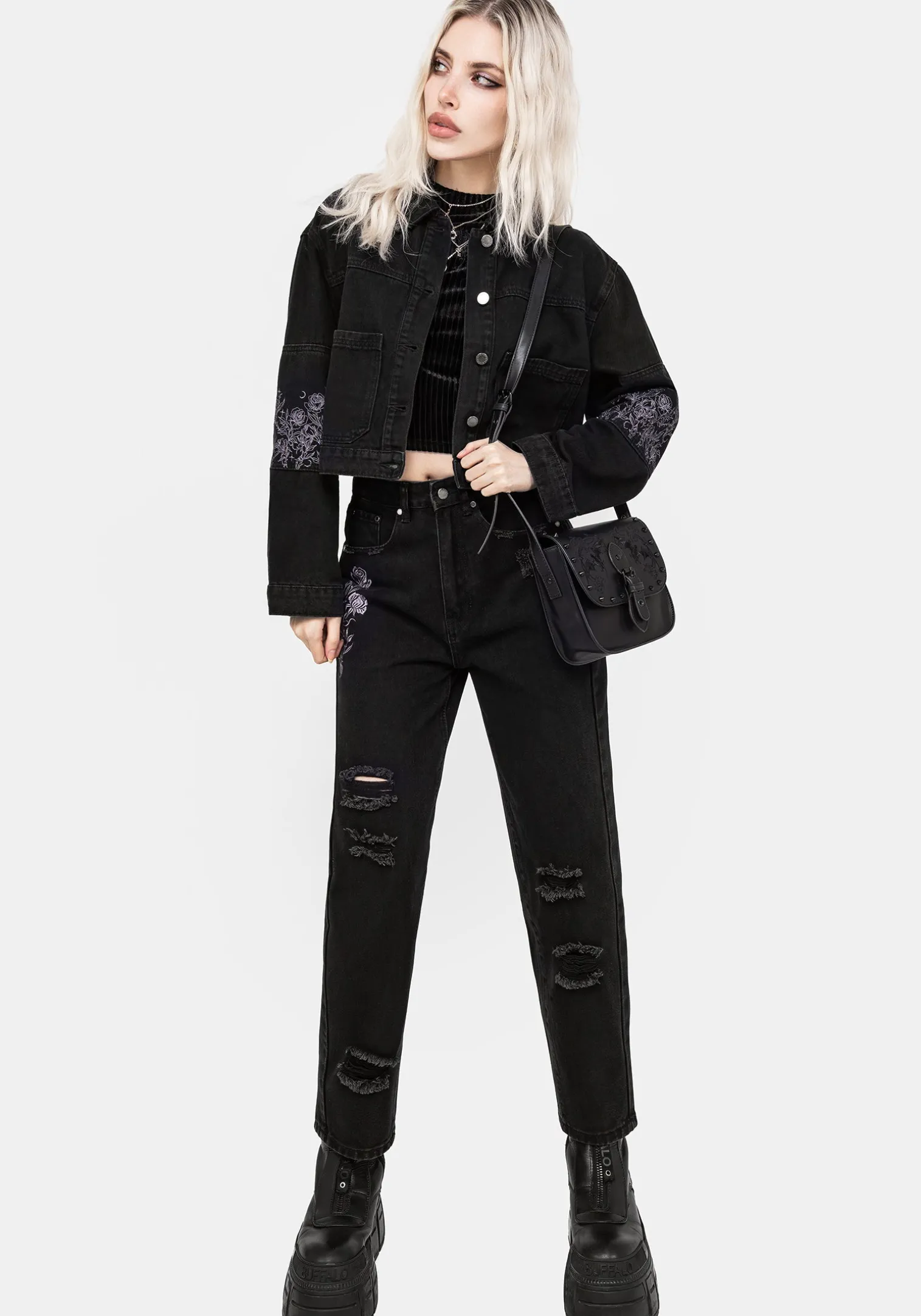 Deadhead Rose Embroidered Distressed Denim Barrel Leg Jeans
