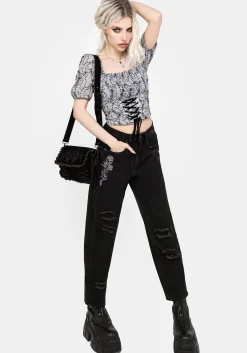 Deadhead Rose Embroidered Distressed Denim Barrel Leg Jeans