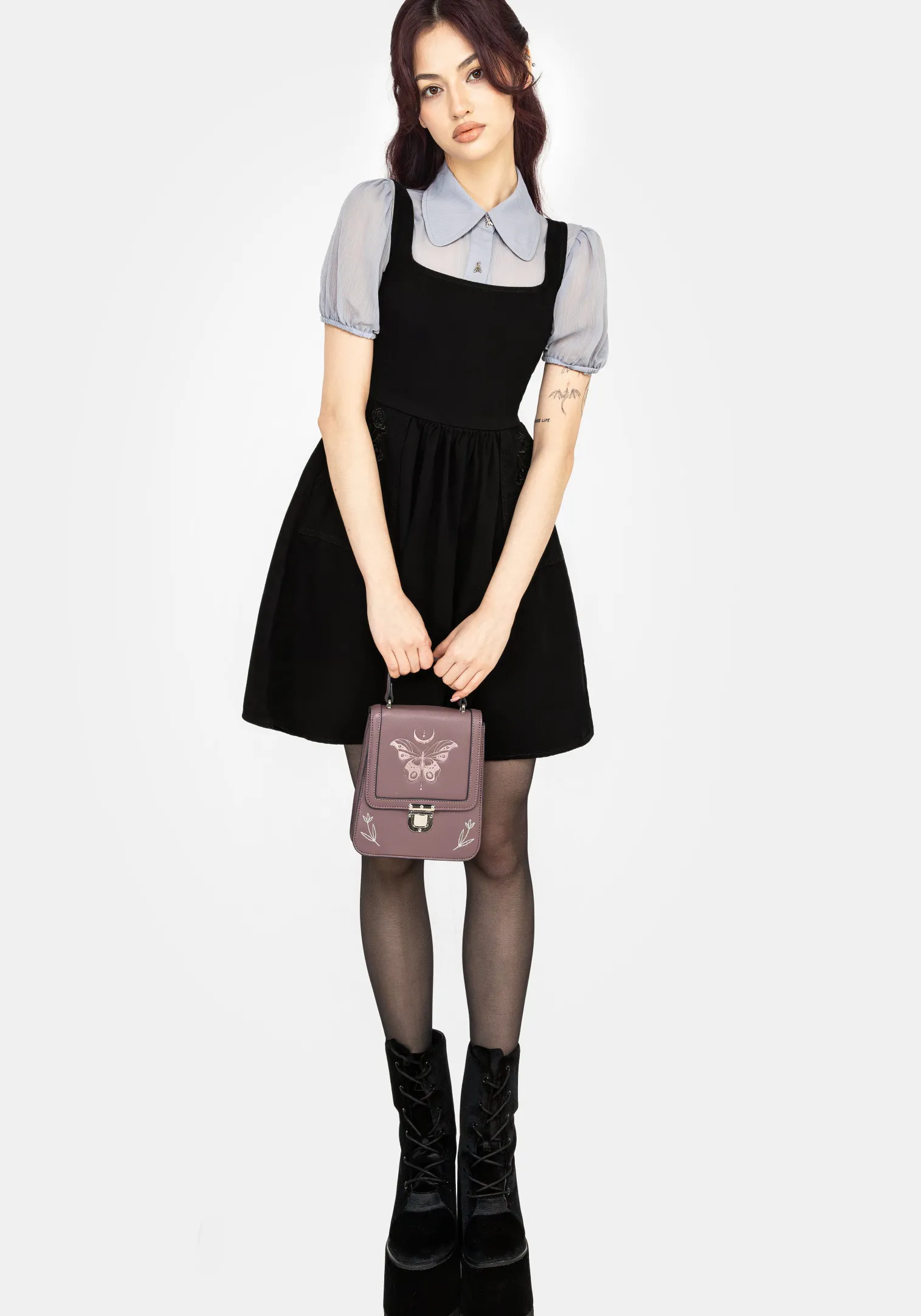 Deadhead Rose Embroidered Denim Mini Smock Dress