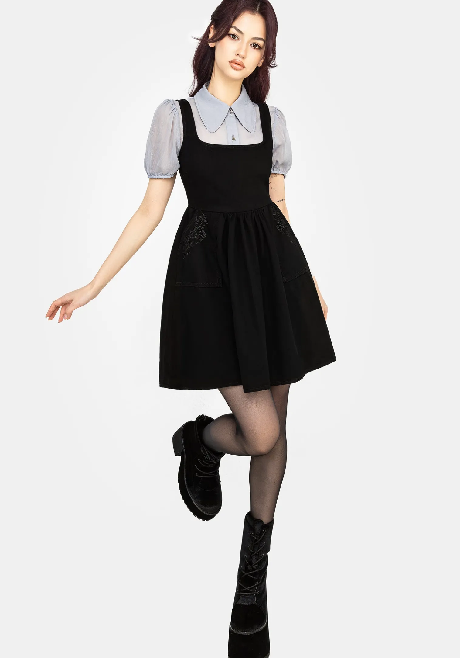 Deadhead Rose Embroidered Denim Mini Smock Dress