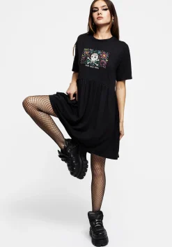 Death Conquers All Floral Skull Embroidered Mini Skater Dress