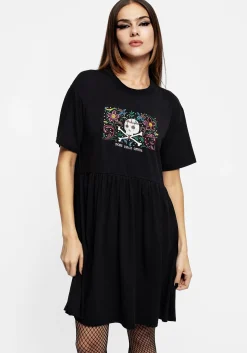 Death Conquers All Floral Skull Embroidered Mini Skater Dress