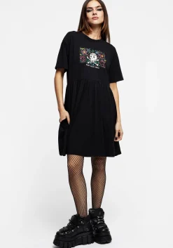 Death Conquers All Floral Skull Embroidered Mini Skater Dress