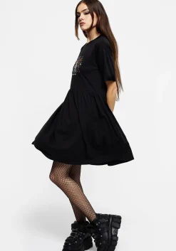 Death Conquers All Floral Skull Embroidered Mini Skater Dress