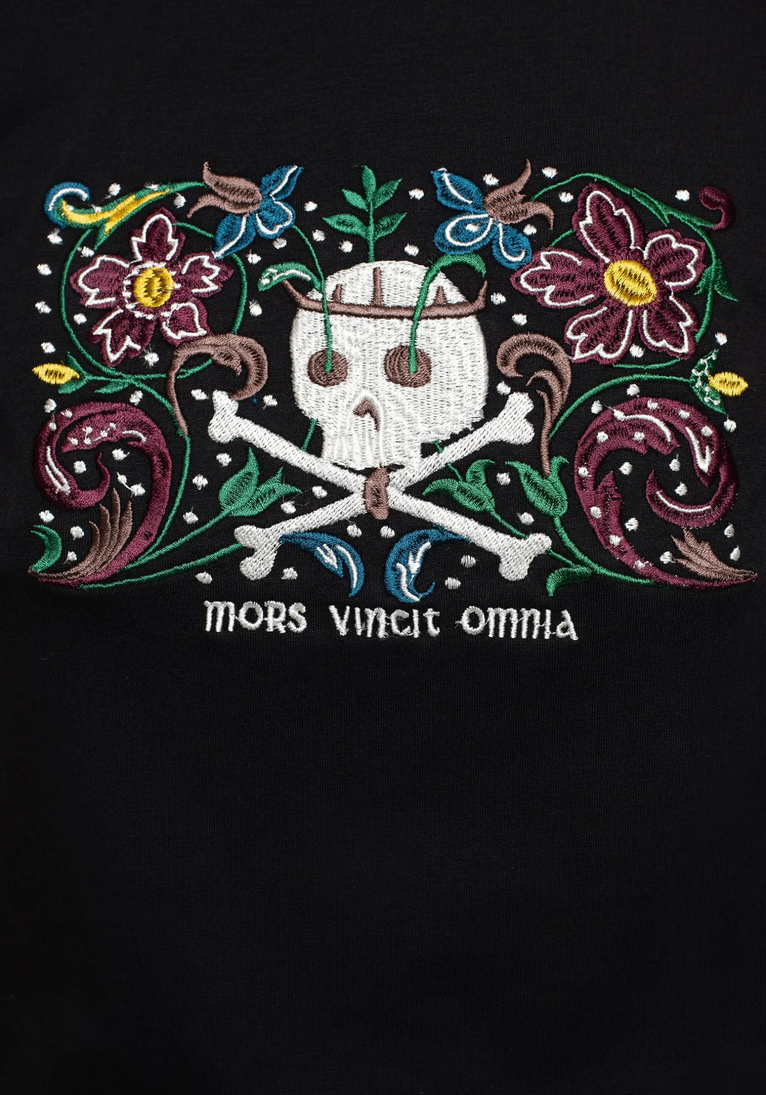 Death Conquers All Floral Skull Embroidered Graphic Crop Tee